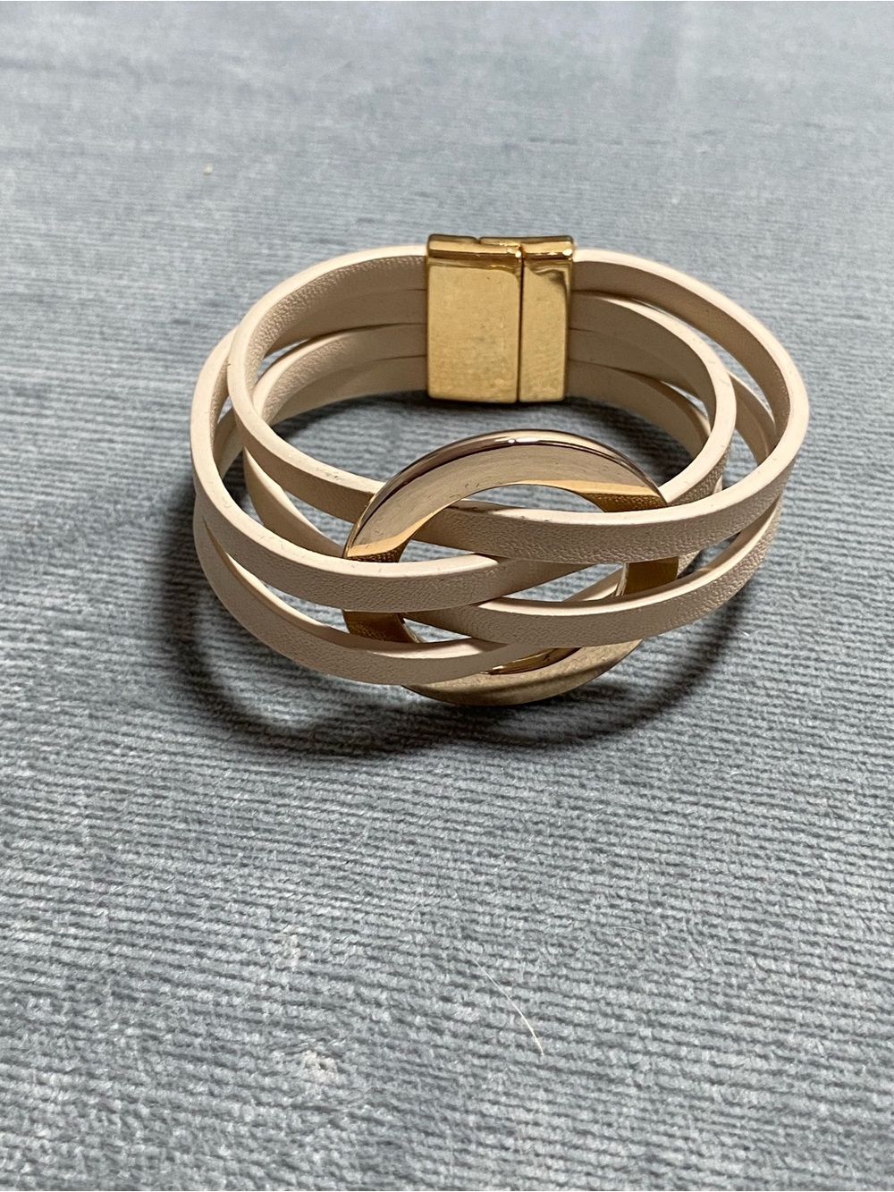 NWOT Cream Multi-Strand Vegan Leather Bracelet with Gold Ring Accent, magnetic